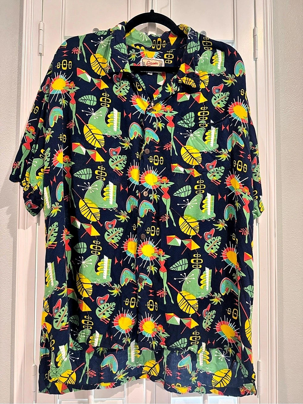 Atomic Tiki Retro Mid-Century Mod Inspired Rayon Shirt in Blue XL Like New